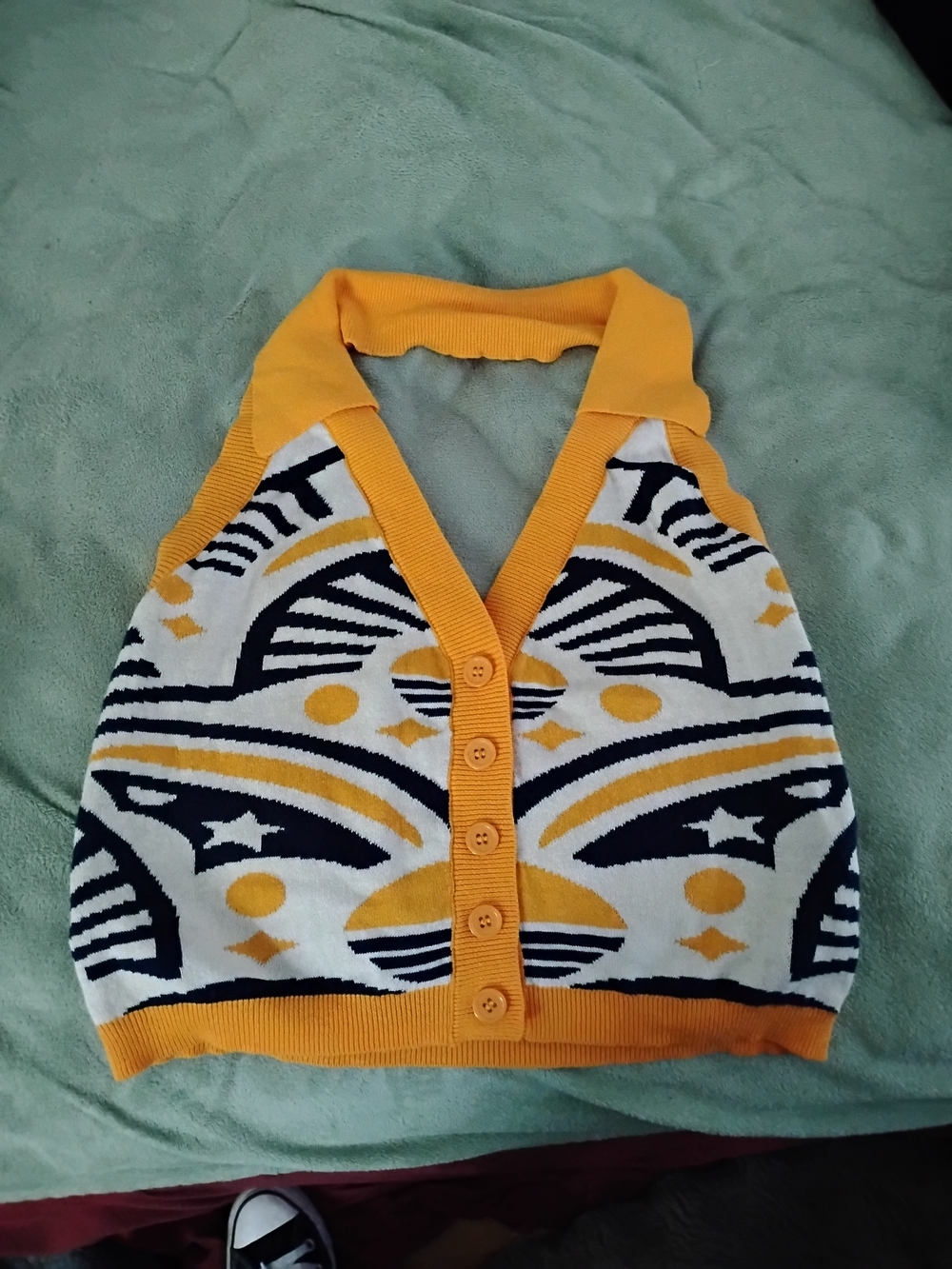 Oxknit Yellow Patterned Button-Front Halter Vest
